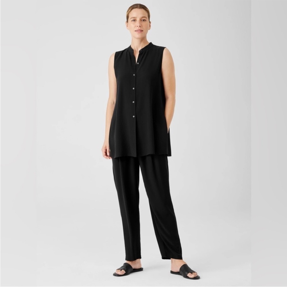 Eileen Fisher Black Silk Georgette Crepe Sleeveless Blouse Black Medium